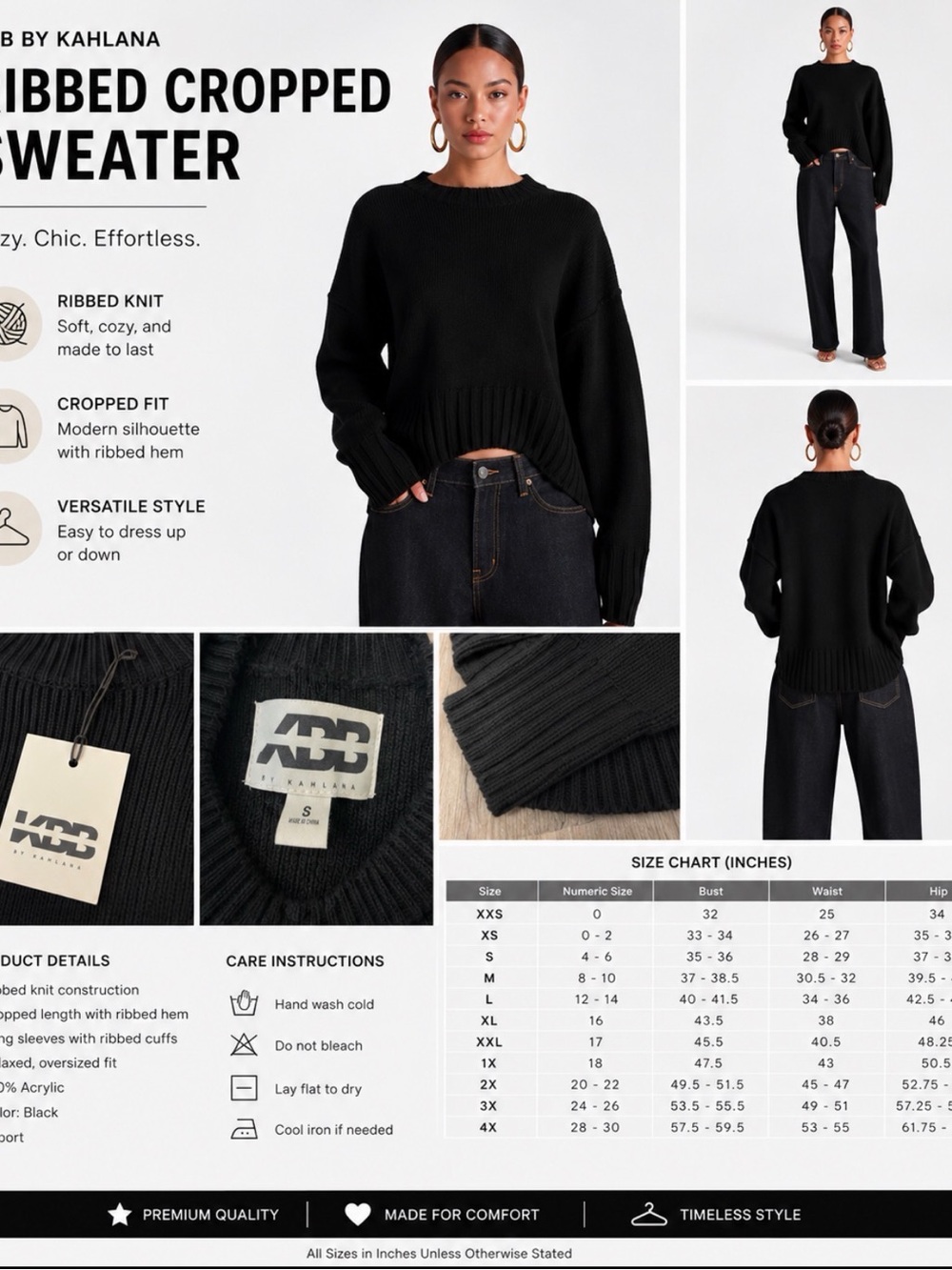 KBB by Kahlana Ribbed Cropped Sweater – Black – Size Small – NWT